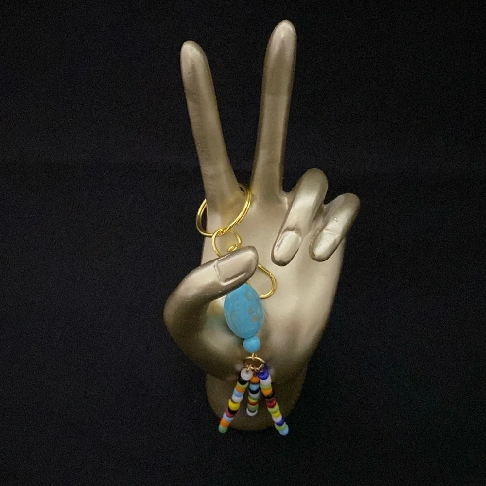 HANDCRAFTED Goldtone Keychain w/Turquoise Magnesite Gemstones & Glass Seed Beads